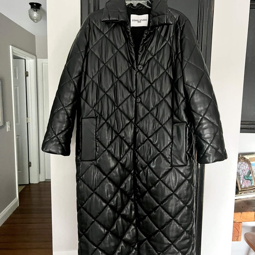 Stand Studio Black Dorethea Quilted Maxi Fayx Leather Coat, size L